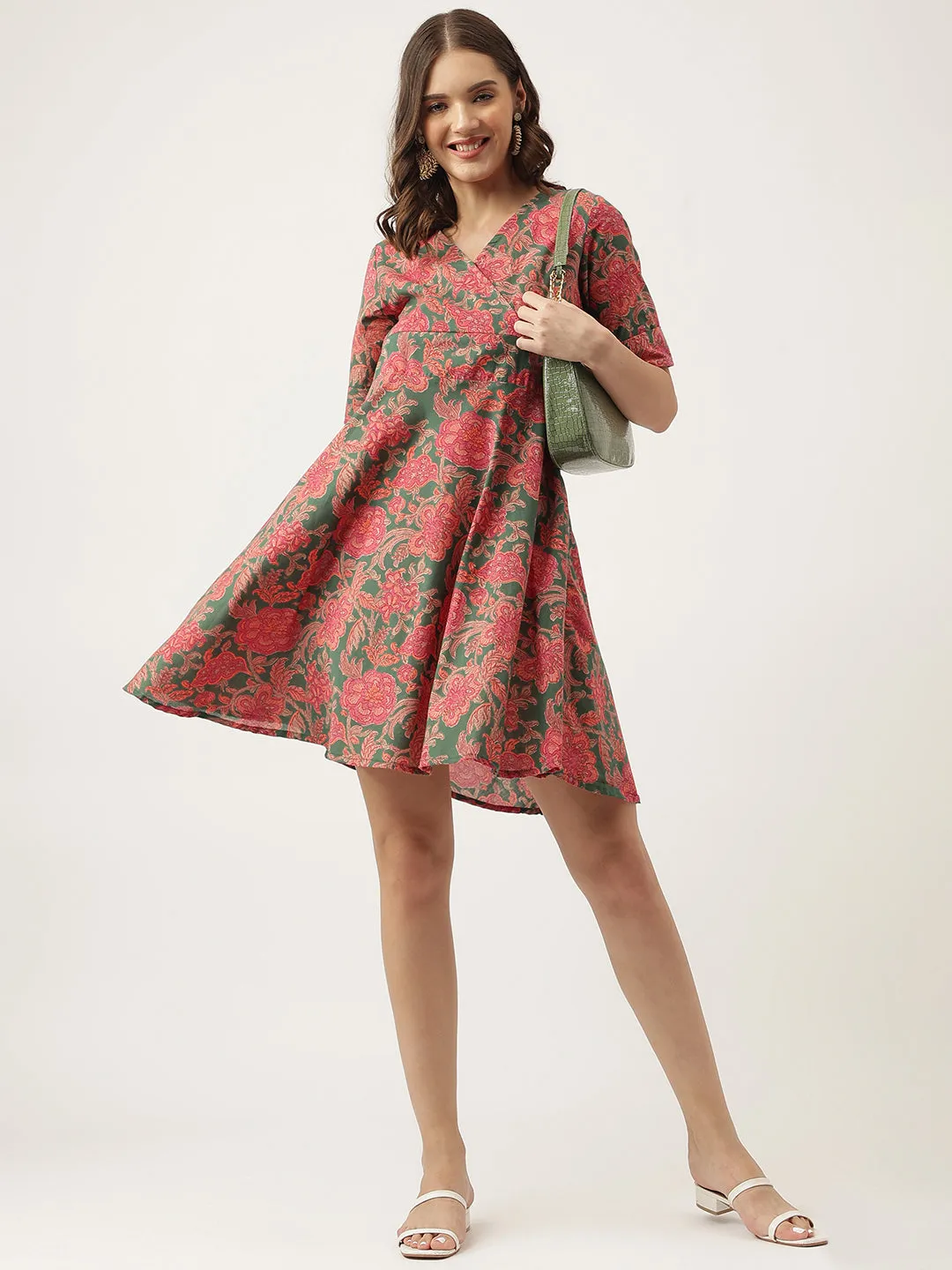Jashvi Grey Pink Floral Printed Cotton Fit & Flare Mini Dress