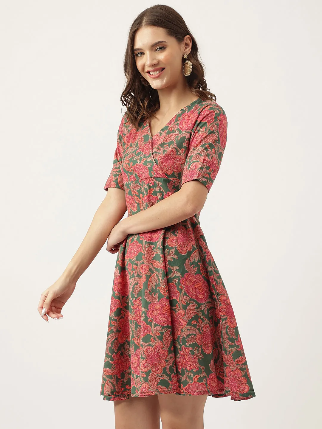 Jashvi Grey Pink Floral Printed Cotton Fit & Flare Mini Dress