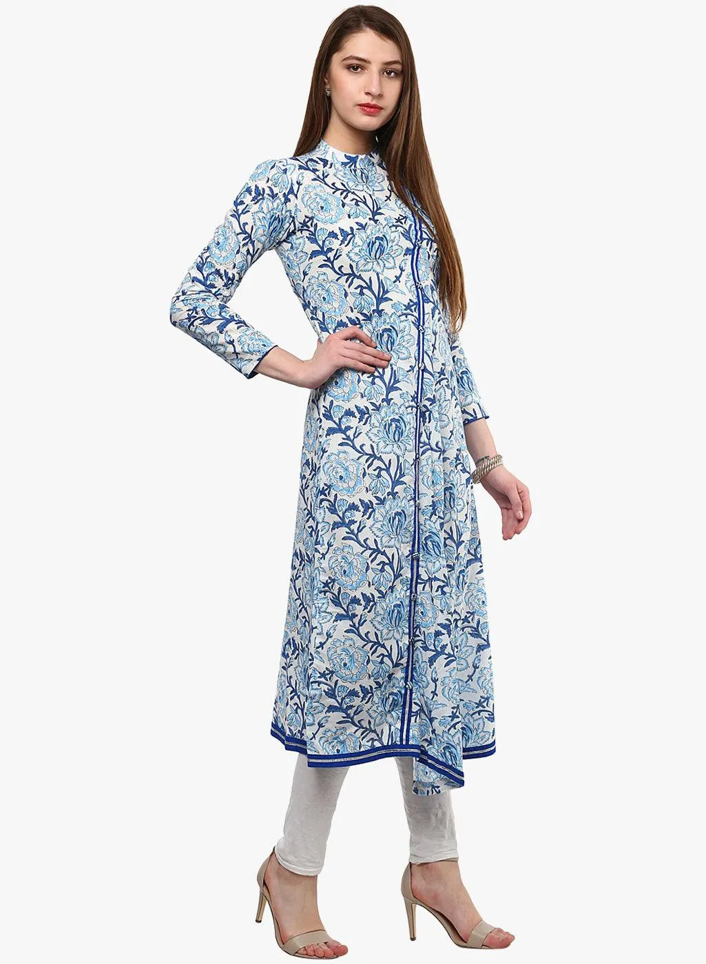 Jashvi Hand Block Blue And White Printed Angrakha Anarkali
