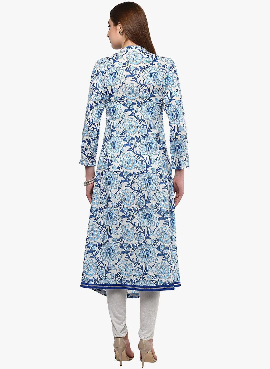 Jashvi Hand Block Blue And White Printed Angrakha Anarkali