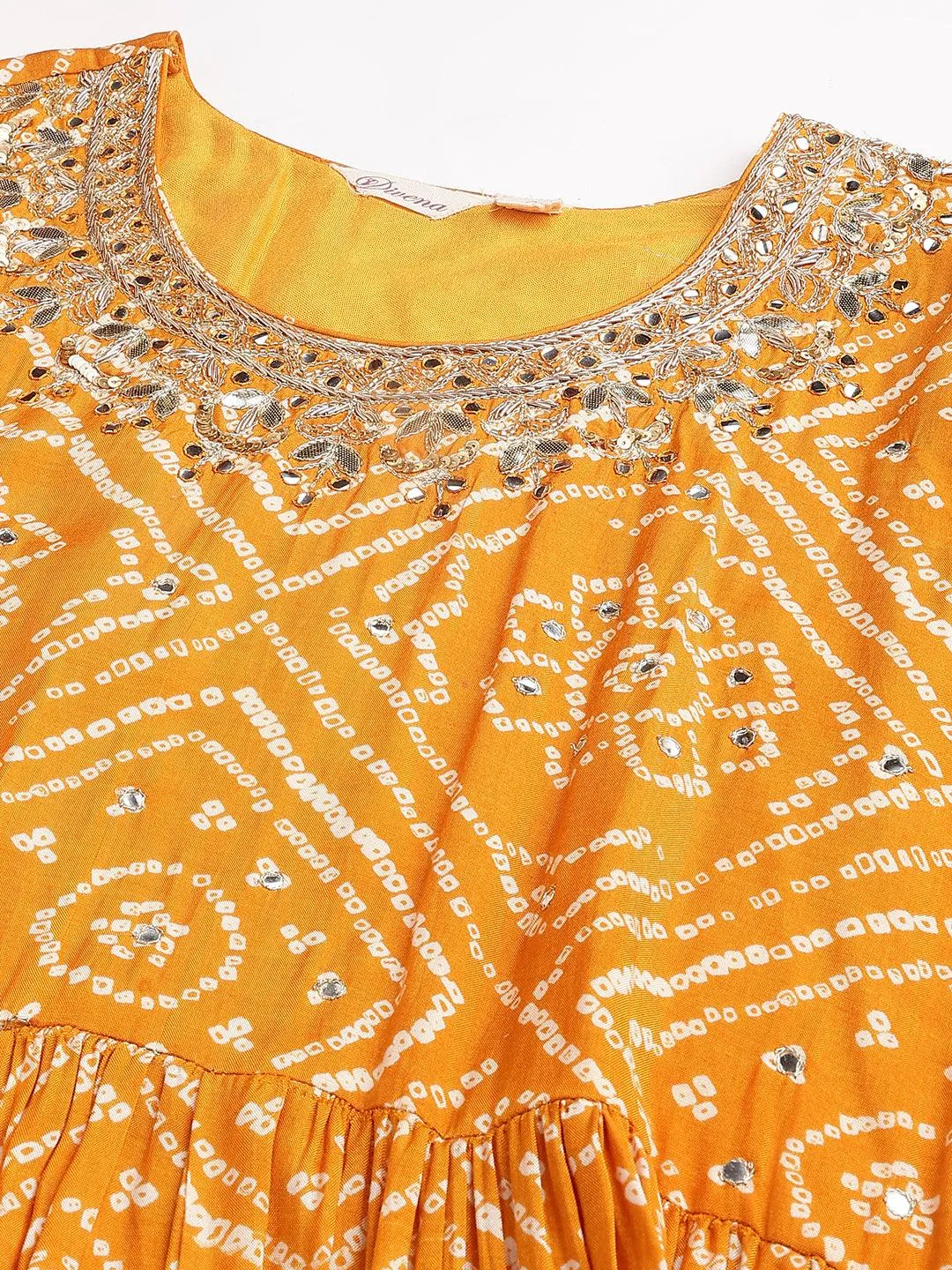 Jashvi Mustard bandhani Printed Muslin Zari work Drape Style Flared Gown