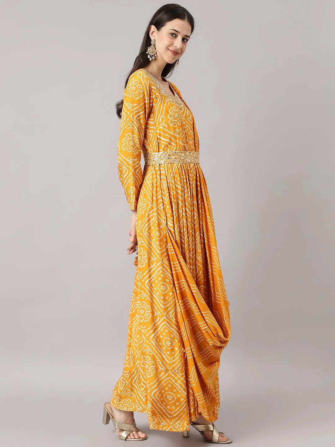 Jashvi Mustard bandhani Printed Muslin Zari work Drape Style Flared Gown