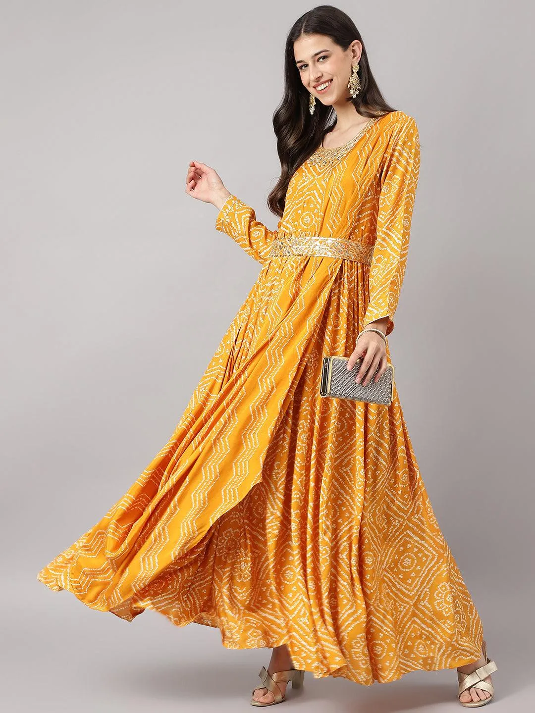 Jashvi Mustard bandhani Printed Muslin Zari work Drape Style Flared Gown