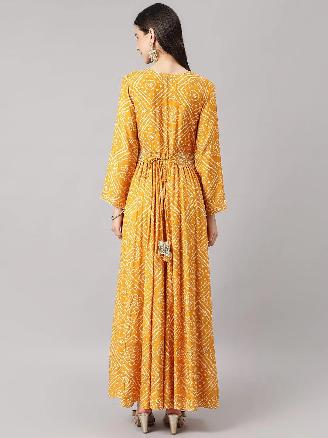 Jashvi Mustard bandhani Printed Muslin Zari work Drape Style Flared Gown
