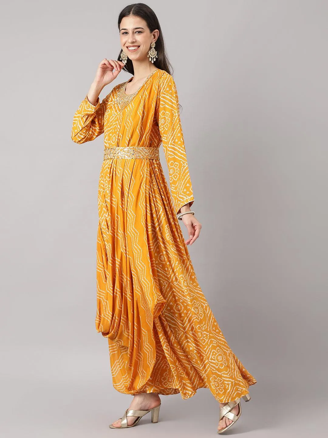 Jashvi Mustard bandhani Printed Muslin Zari work Drape Style Flared Gown