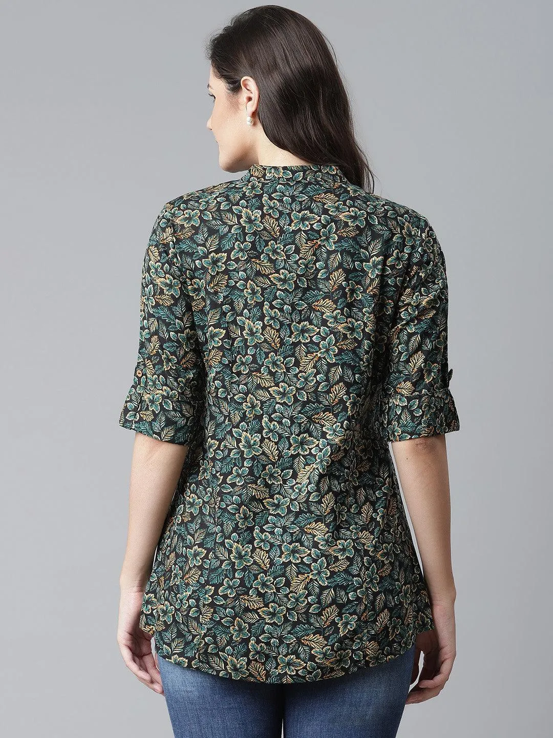 Jashvi Navy Blue Green Rayon Printed Top