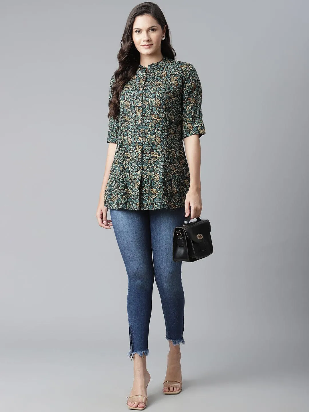 Jashvi Navy Blue Green Rayon Printed Top