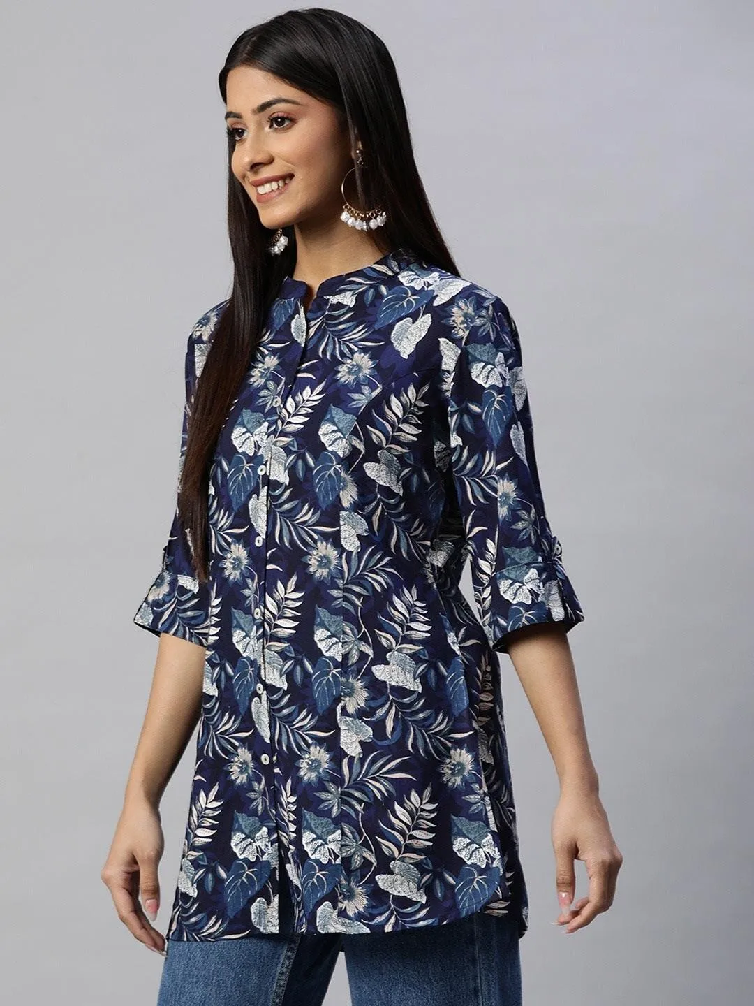 Jashvi Navy Blue Rayon Printed Top