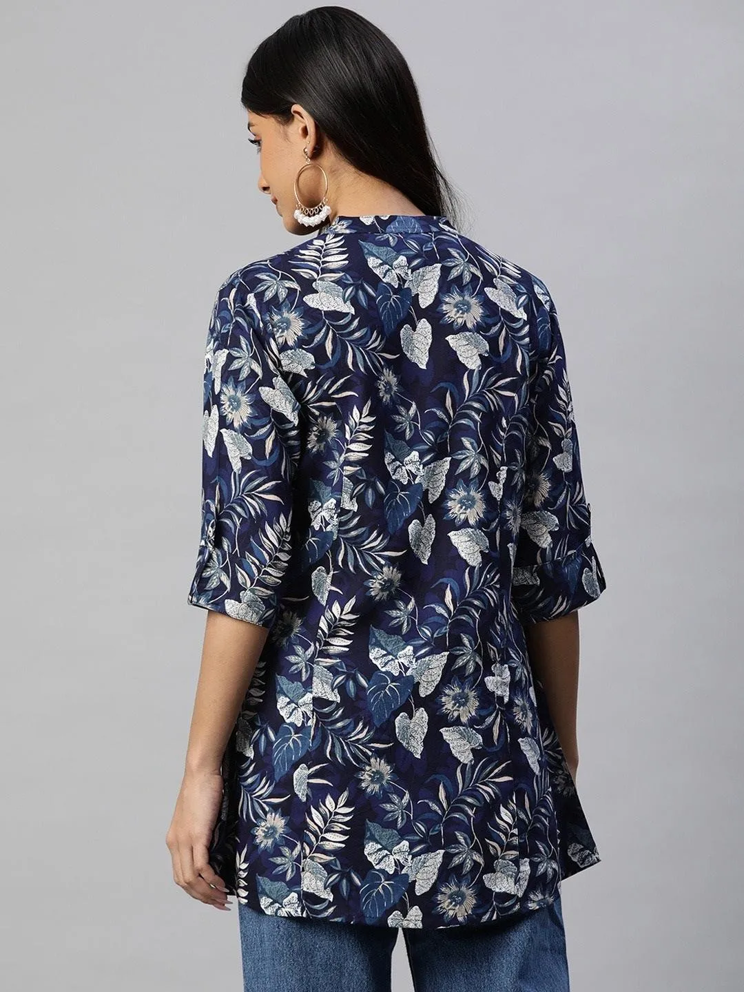 Jashvi Navy Blue Rayon Printed Top