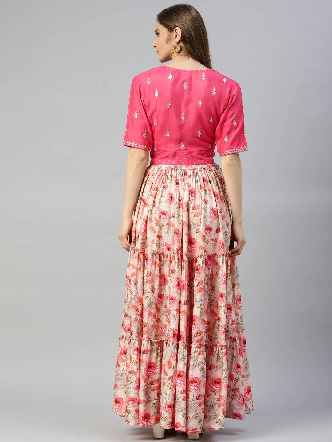 Jashvi Pink Raw Silk Top with skirt set