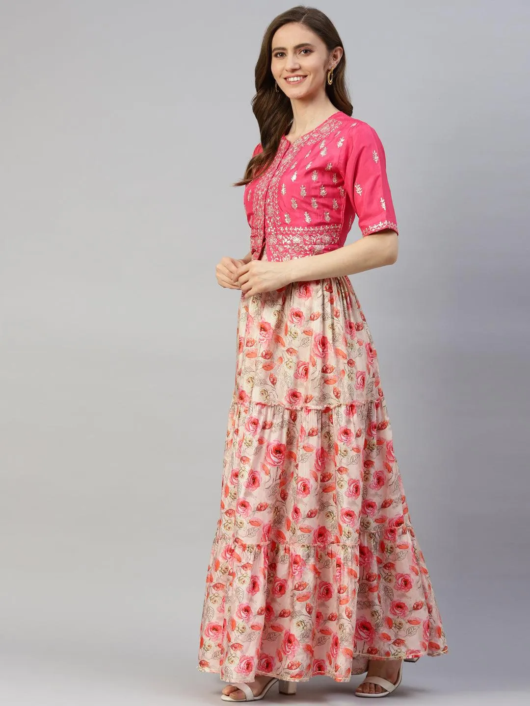 Jashvi Pink Raw Silk Top with skirt set