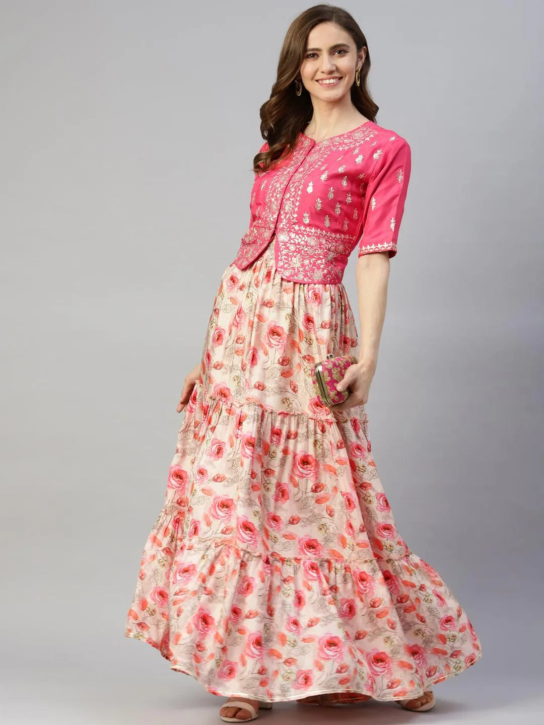 Jashvi Pink Raw Silk Top with skirt set