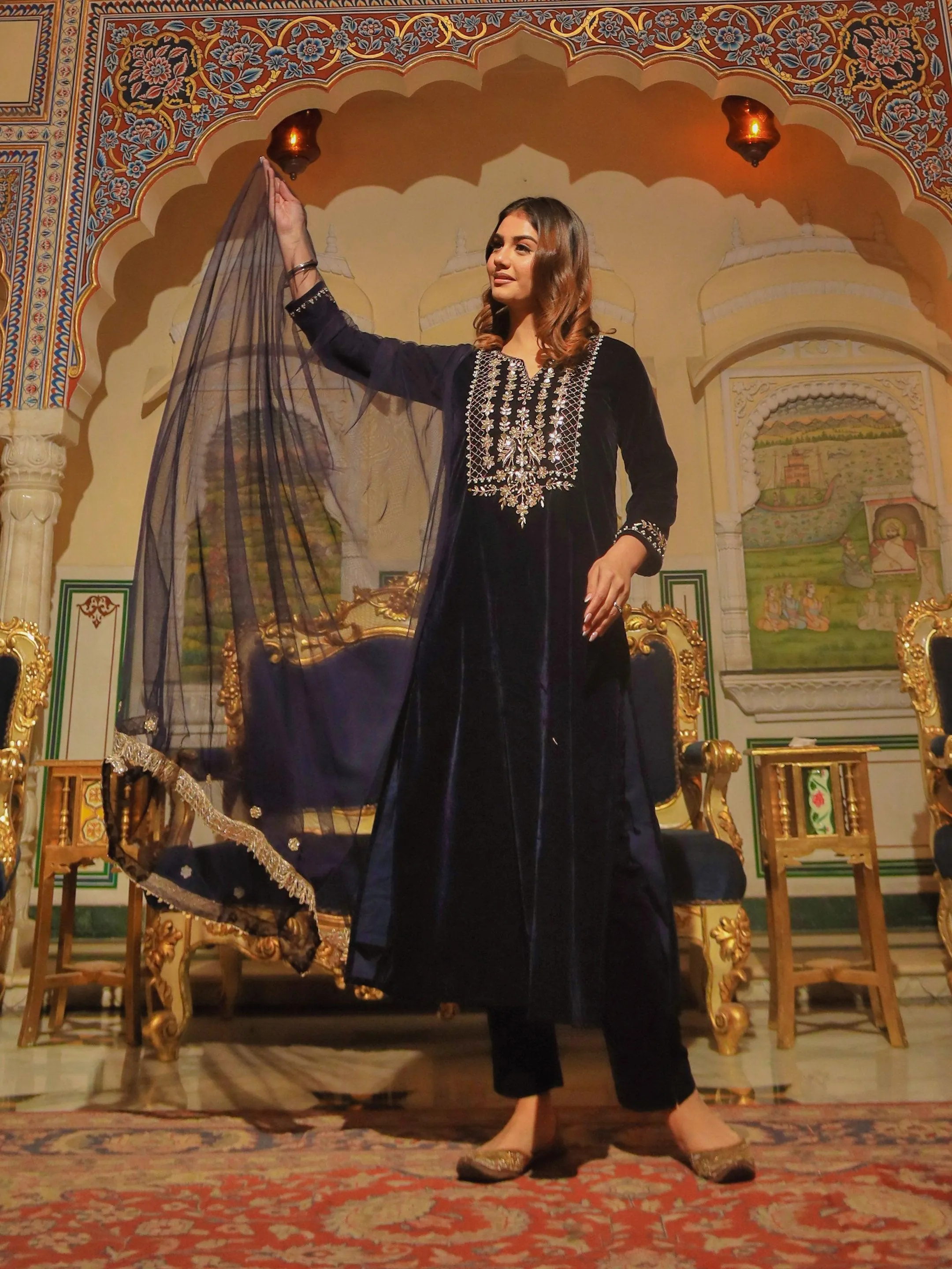 Jashvi Royal Navy Blue Velvet Zardozi work Embroidered Kurta Pant With Net Dupatta set