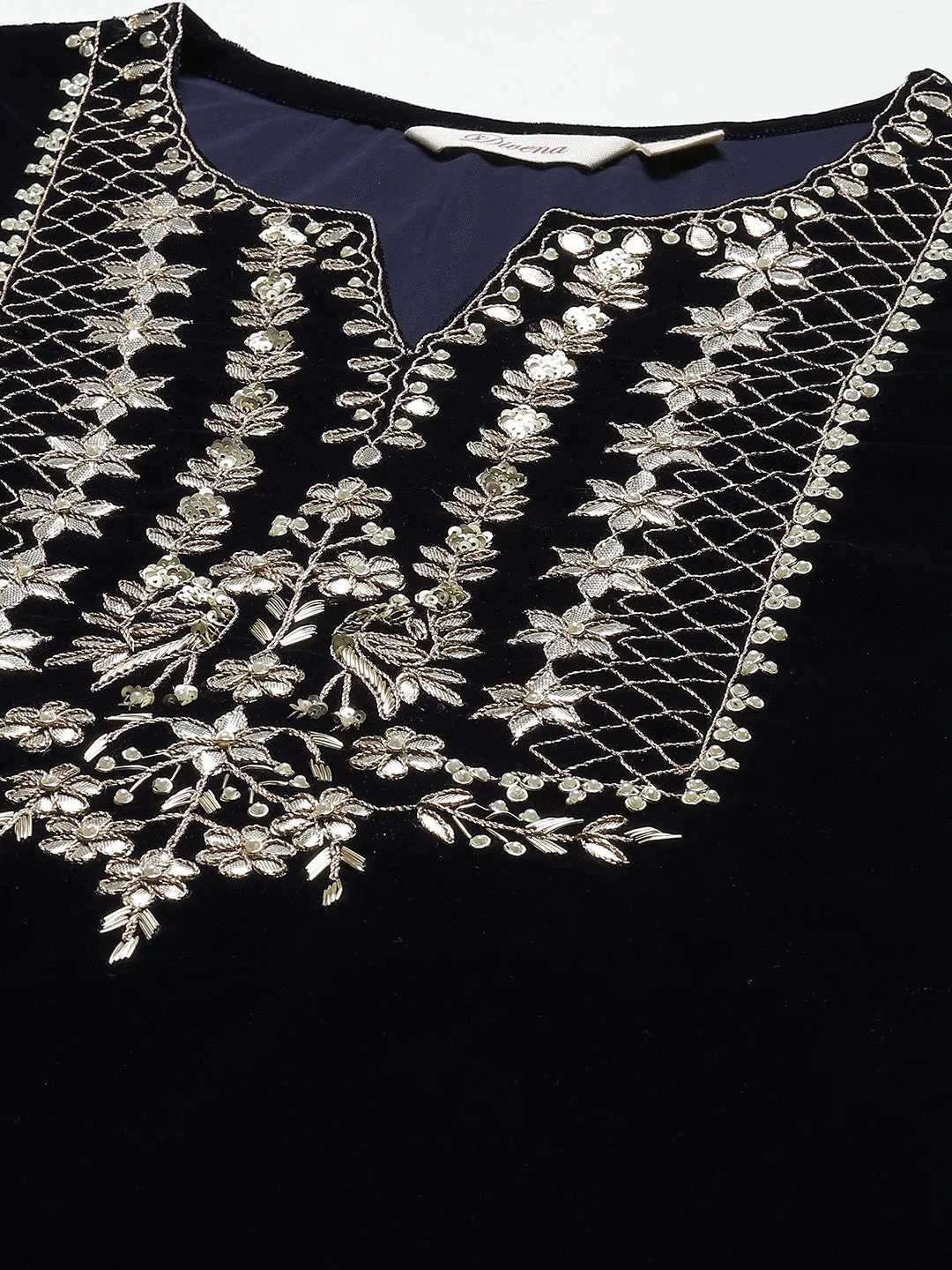 Jashvi Royal Navy Blue Velvet Zardozi work Embroidered Kurta Pant With Net Dupatta set