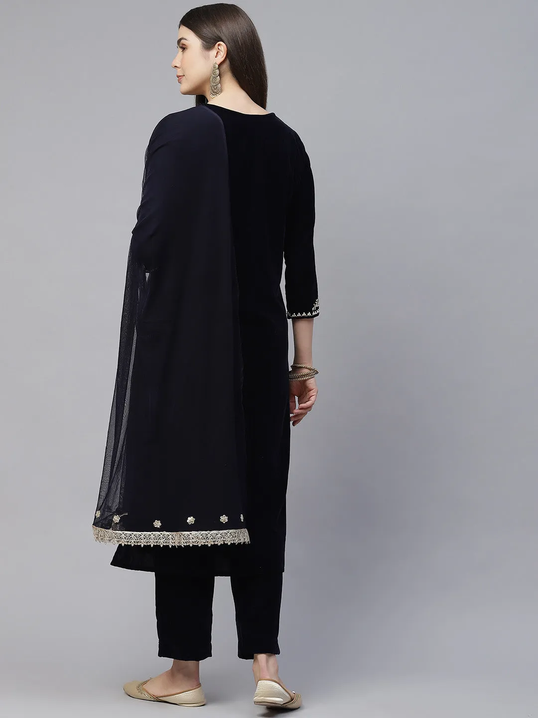 Jashvi Royal Navy Blue Velvet Zardozi work Embroidered Kurta Pant With Net Dupatta set