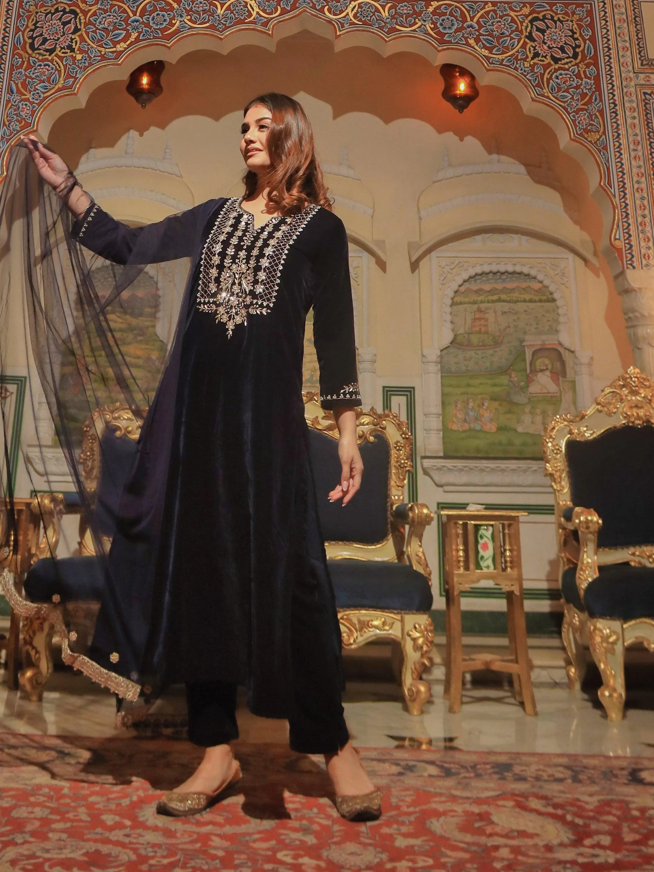 Jashvi Royal Navy Blue Velvet Zardozi work Embroidered Kurta Pant With Net Dupatta set