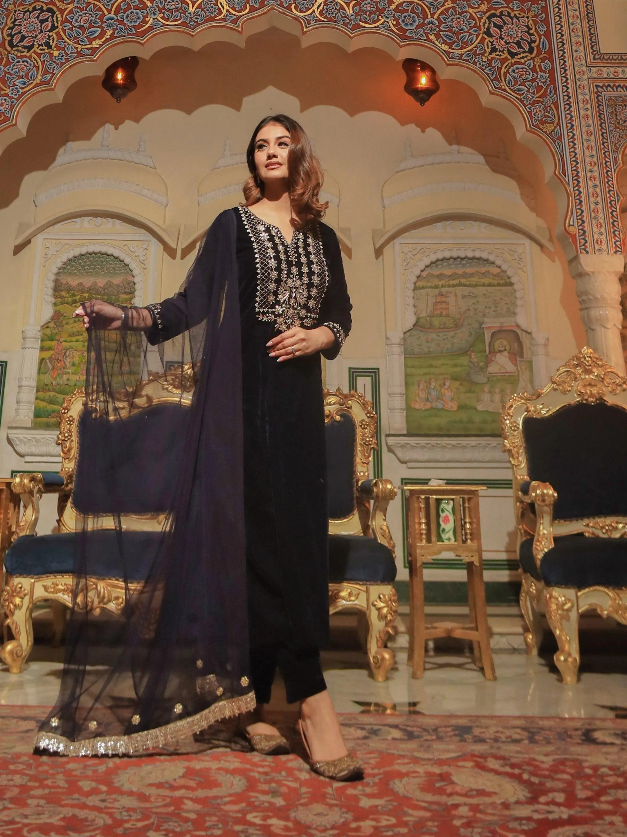 Jashvi Royal Navy Blue Velvet Zardozi work Embroidered Kurta Pant With Net Dupatta set