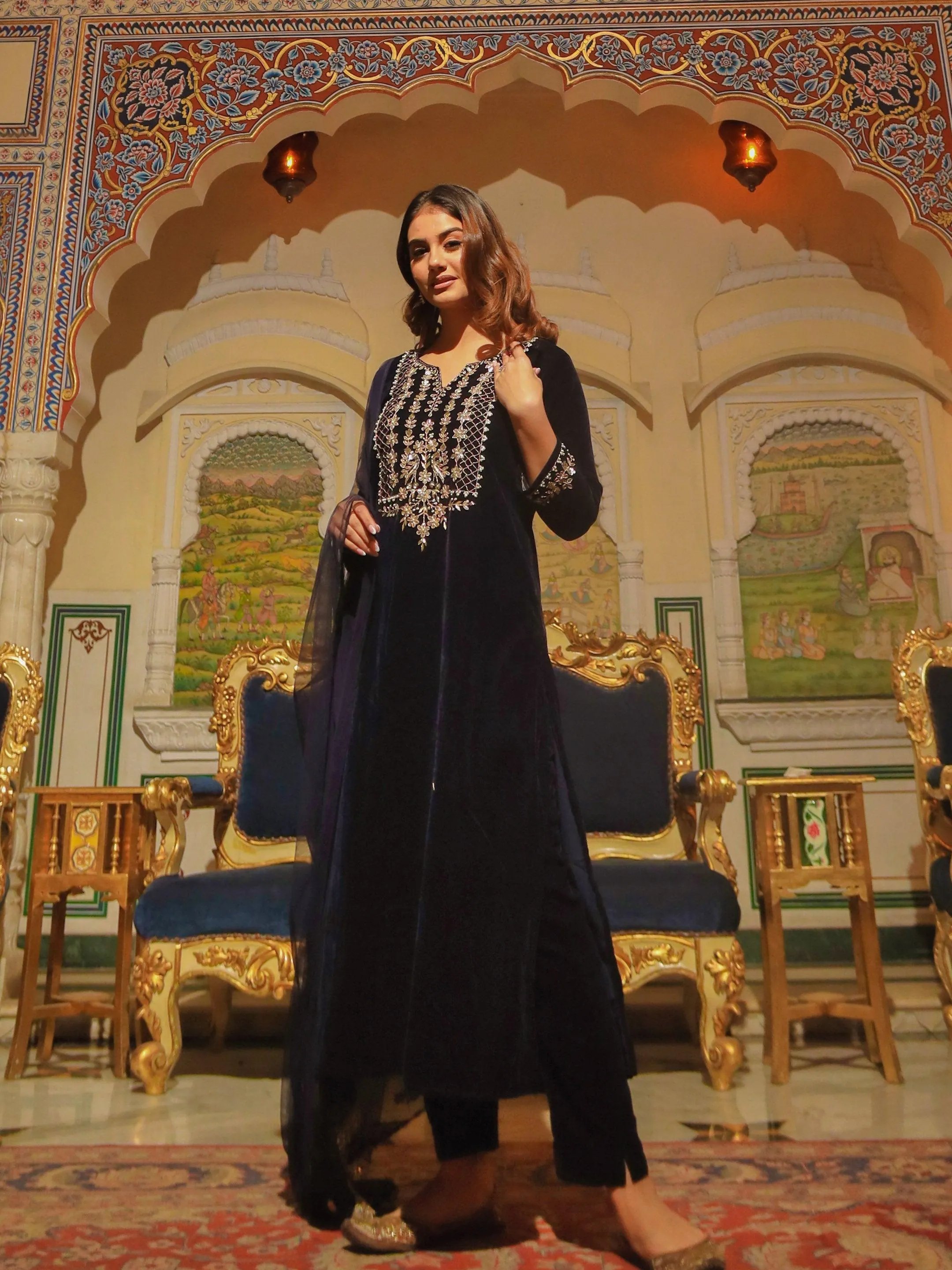 Jashvi Royal Navy Blue Velvet Zardozi work Embroidered Kurta Pant With Net Dupatta set