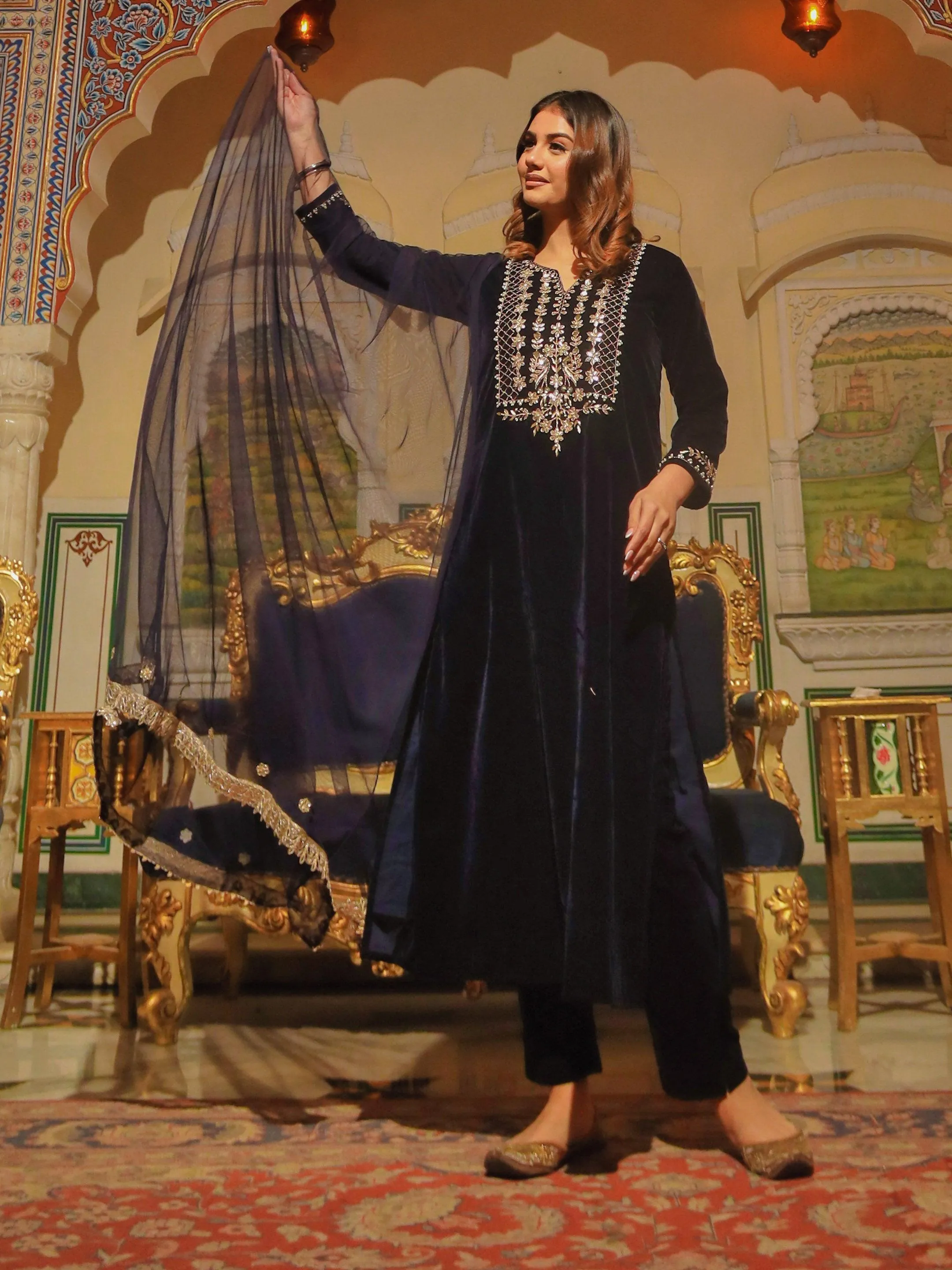 Jashvi Royal Navy Blue Velvet Zardozi work Embroidered Kurta Pant With Net Dupatta set