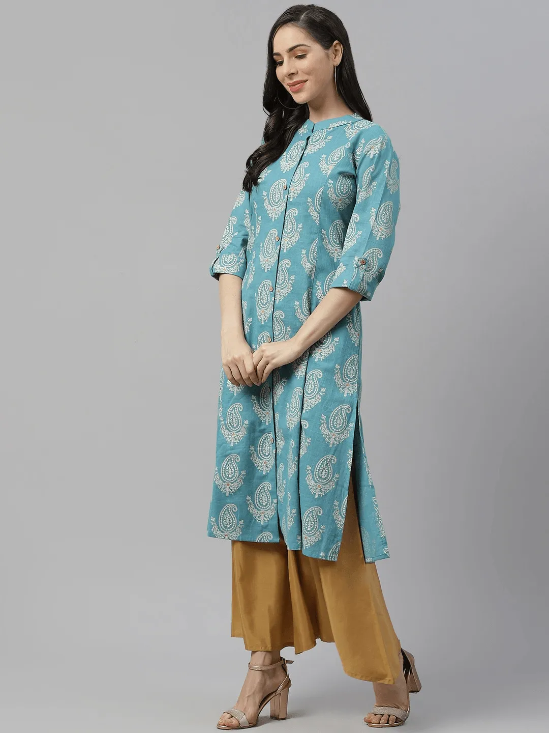 Jashvi Sky Blue Cotton Printed Kurta