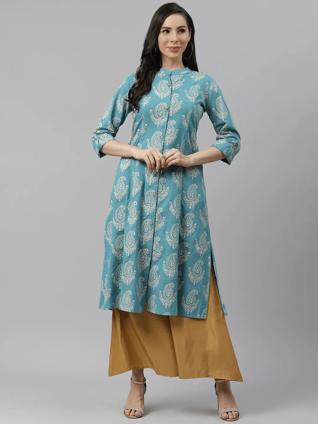 Jashvi Sky Blue Cotton Printed Kurta