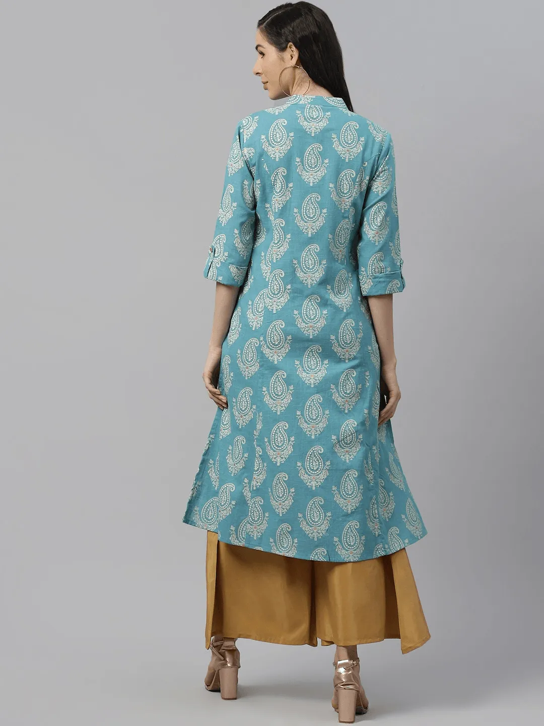Jashvi Sky Blue Cotton Printed Kurta