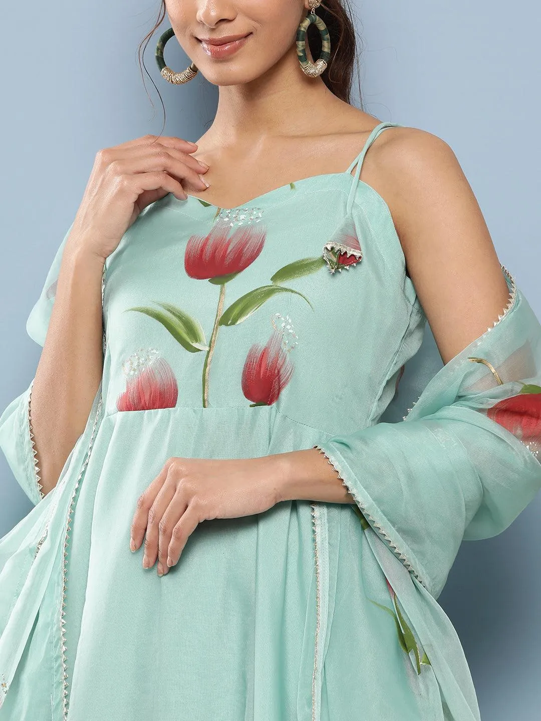 Jashvi Sky Blue Hand Painted Floral Organza Anarkali Kurta Pant Set with Dupatta
