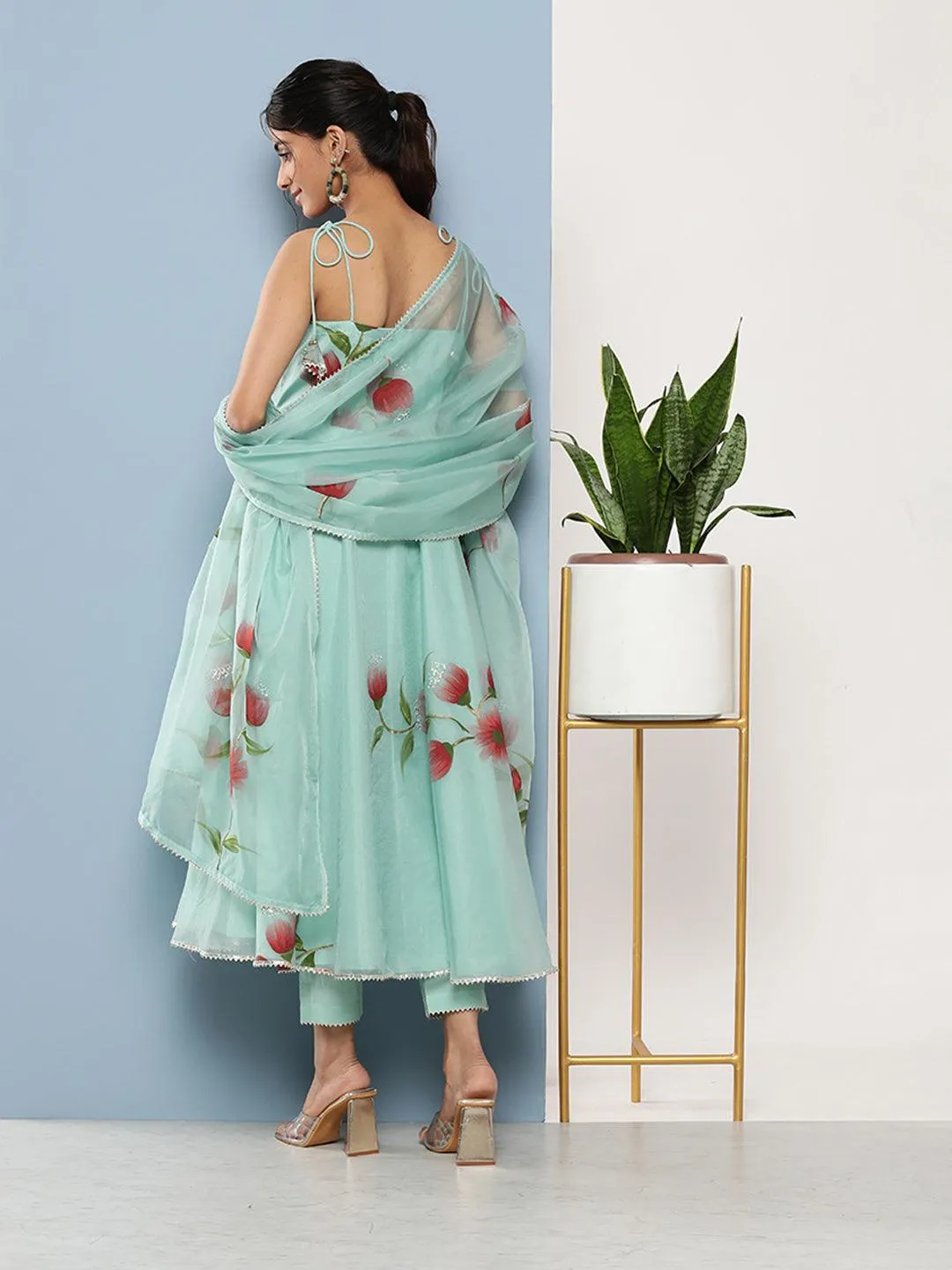 Jashvi Sky Blue Hand Painted Floral Organza Anarkali Kurta Pant Set with Dupatta