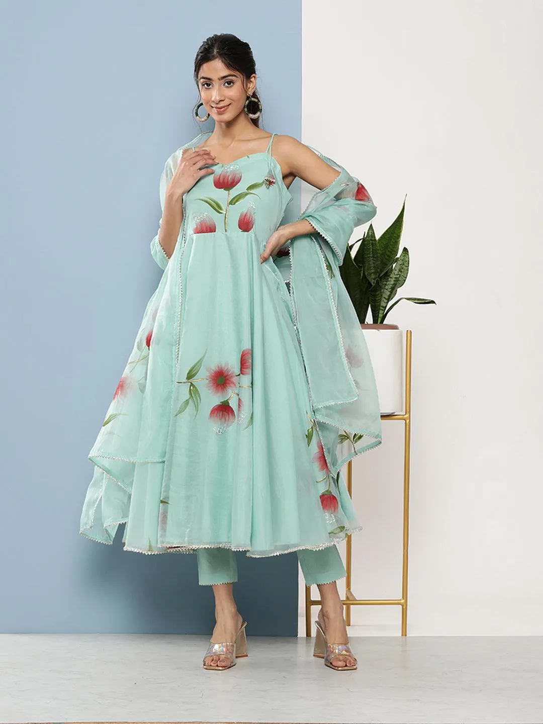 Jashvi Sky Blue Hand Painted Floral Organza Anarkali Kurta Pant Set with Dupatta