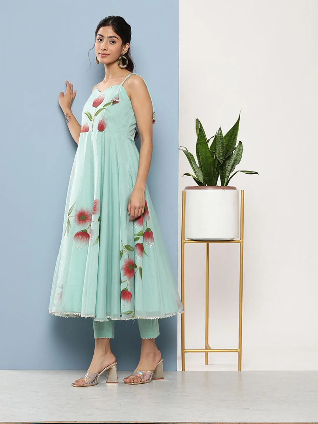 Jashvi Sky Blue Hand Painted Floral Organza Anarkali Kurta Pant Set with Dupatta