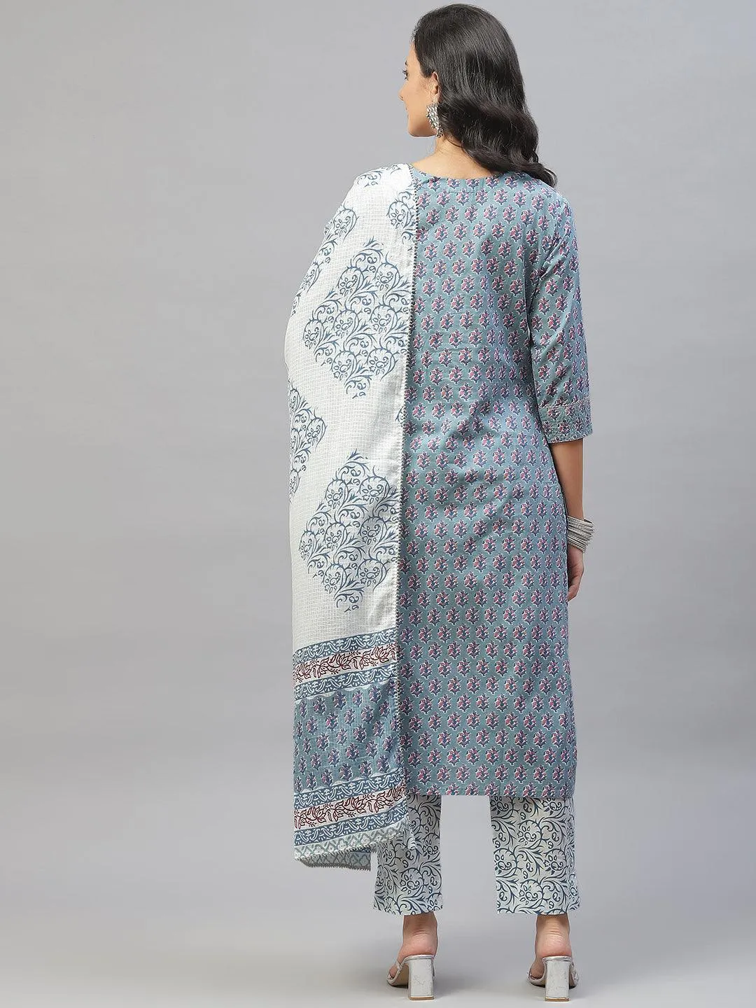Jashvi Turquoise Blue Cotton Floral Printed Kurta Pant set with Dupatta