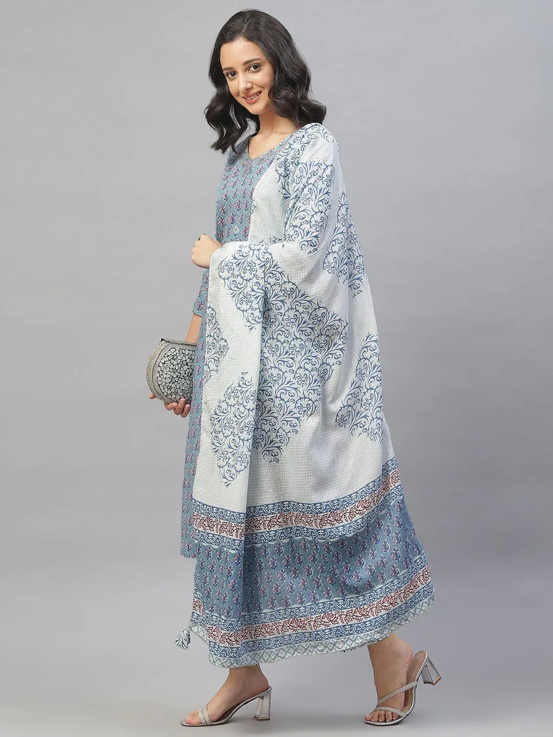 Jashvi Turquoise Blue Cotton Floral Printed Kurta Pant set with Dupatta