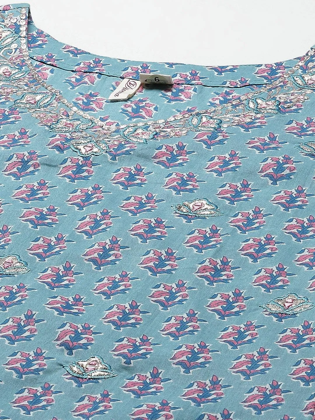 Jashvi Turquoise Blue Cotton Floral Printed Kurta Pant set with Dupatta