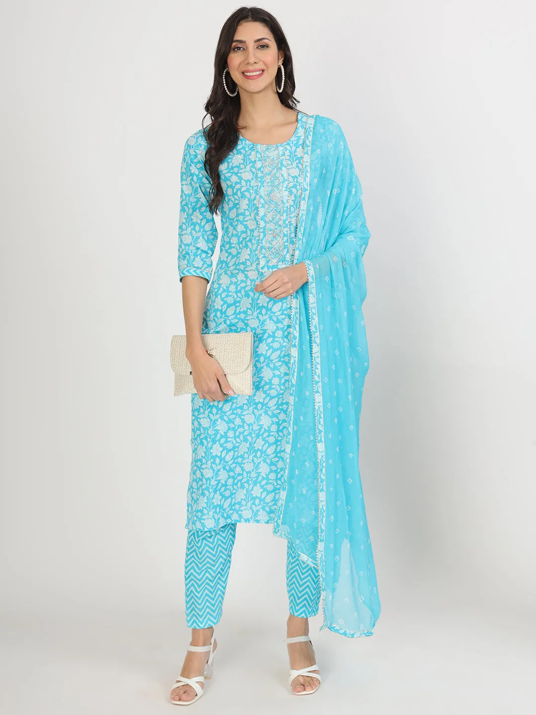 Jashvi turquoise blue Floral Print Cotton Kurta pants with Dupatta set for women
