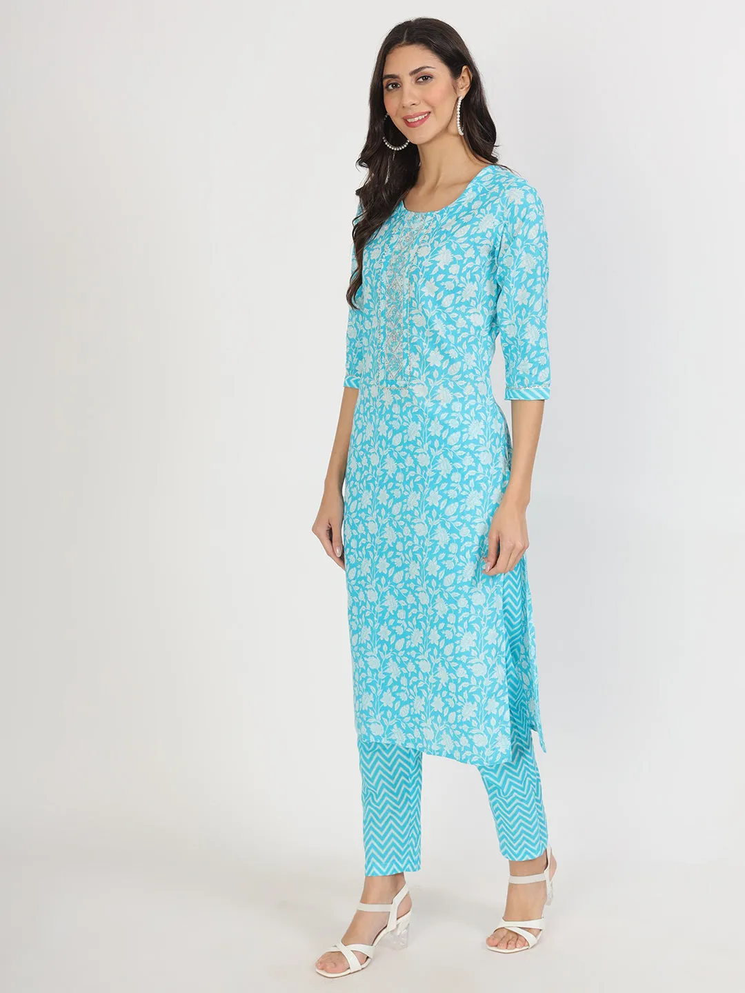 Jashvi turquoise blue Floral Print Cotton Kurta pants with Dupatta set for women