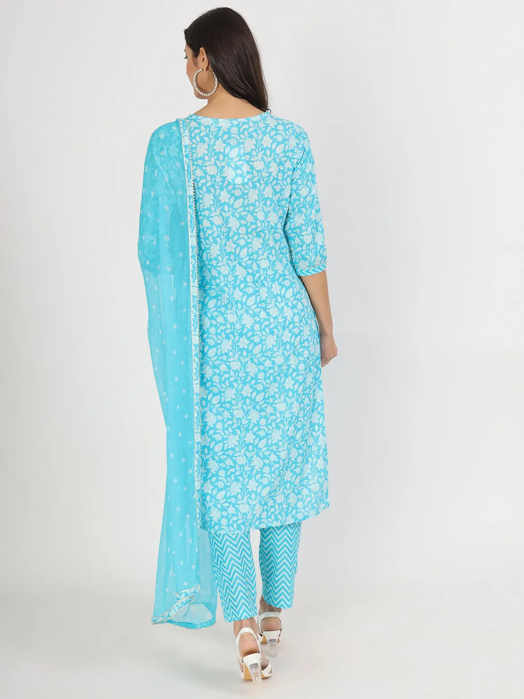 Jashvi turquoise blue Floral Print Cotton Kurta pants with Dupatta set for women
