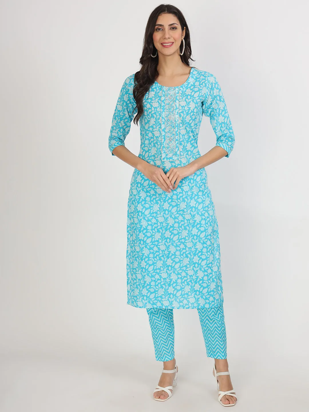 Jashvi turquoise blue Floral Print Cotton Kurta pants with Dupatta set for women
