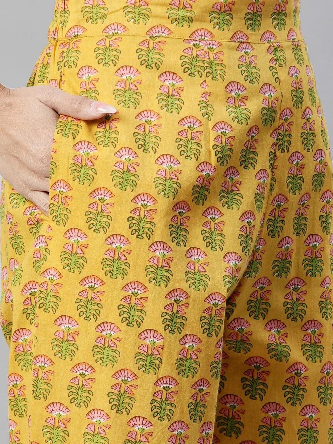 Jashvi Yellow Floral Printed Straight Kurta Pant Sets