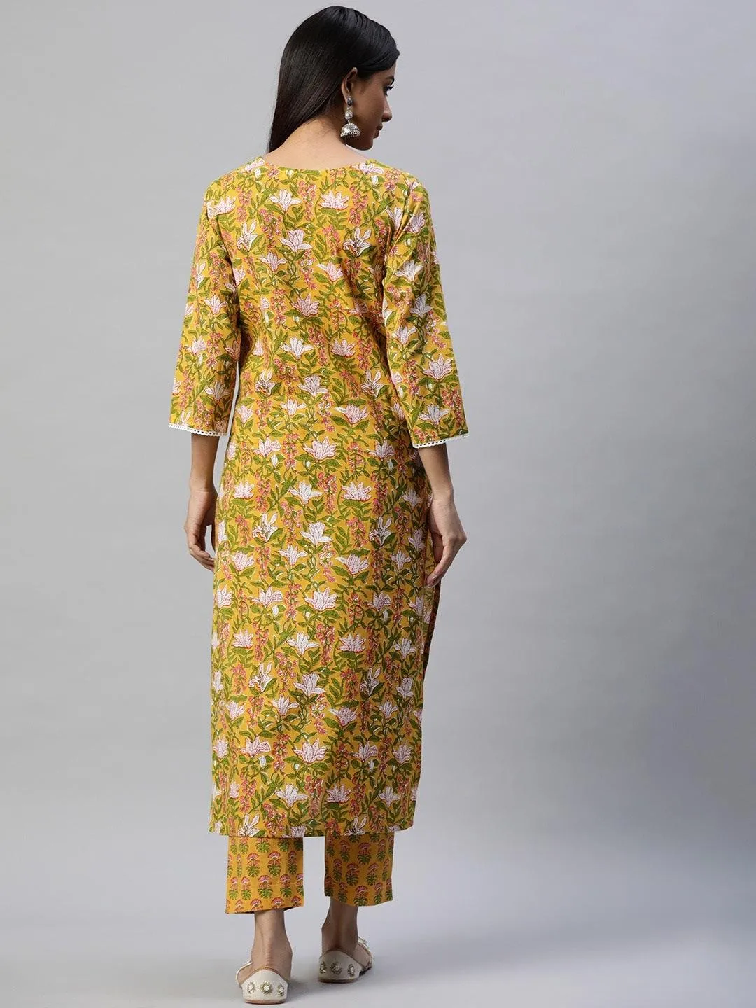 Jashvi Yellow Floral Printed Straight Kurta Pant Sets