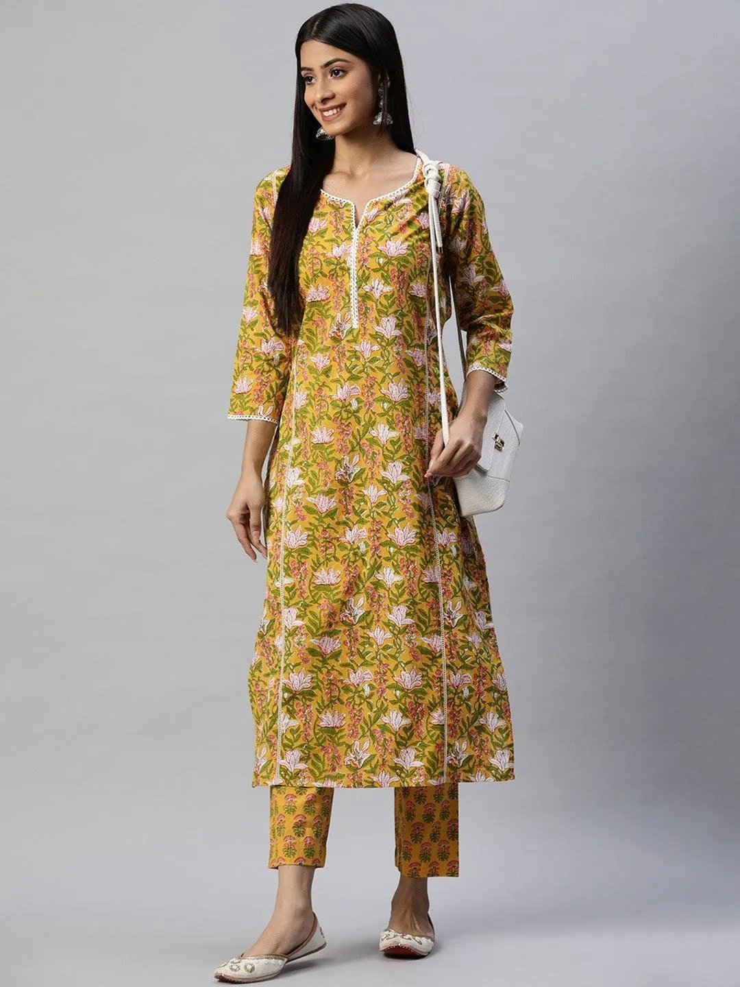 Jashvi Yellow Floral Printed Straight Kurta Pant Sets