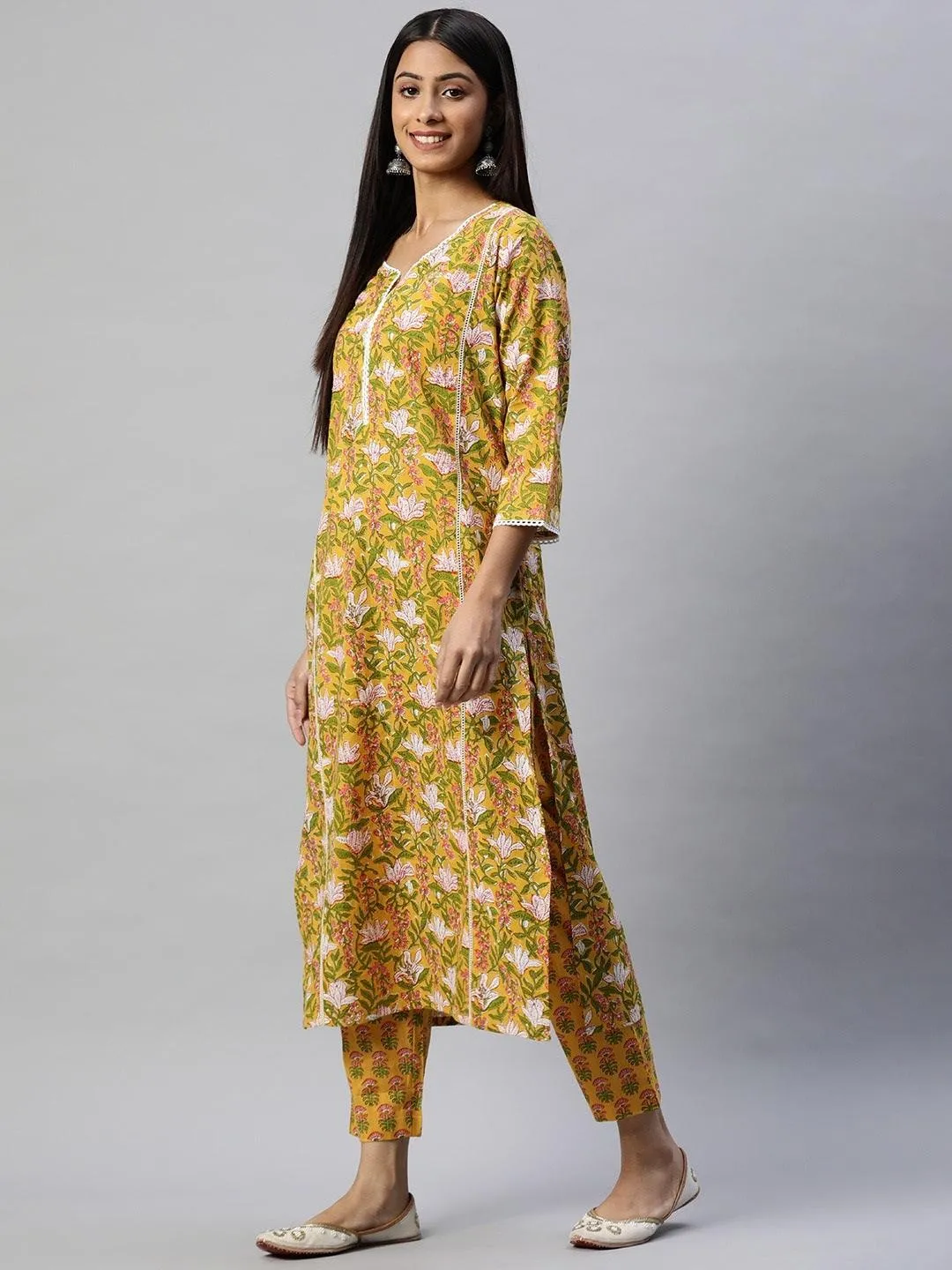 Jashvi Yellow Floral Printed Straight Kurta Pant Sets
