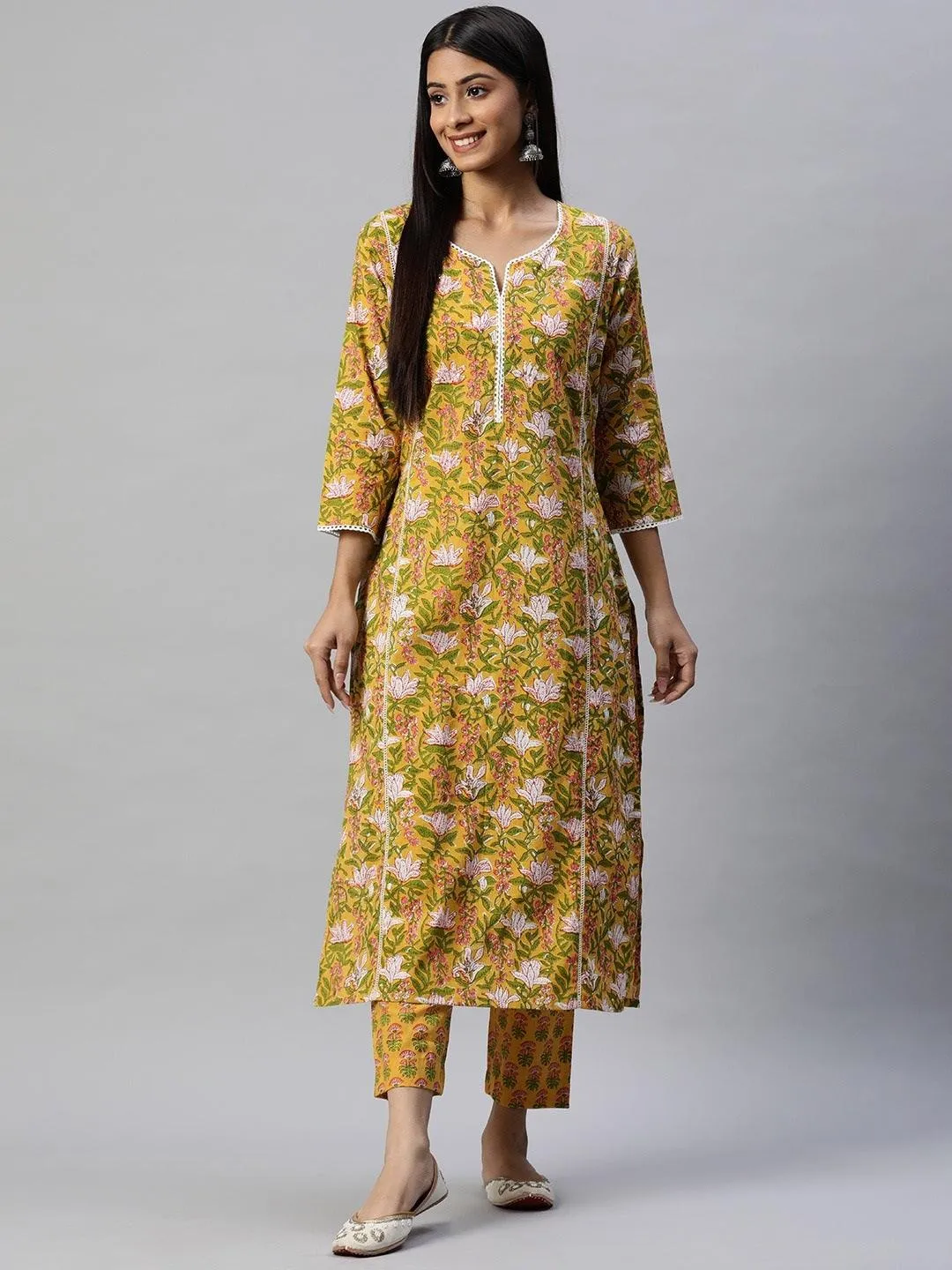 Jashvi Yellow Floral Printed Straight Kurta Pant Sets