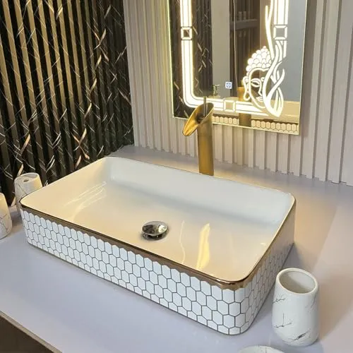 Kamal ENTERPRISEZ Vanity Mirror with Ceramic Wash Basin, White and Gold | Luxury wash Basin | Premium Wash Basin