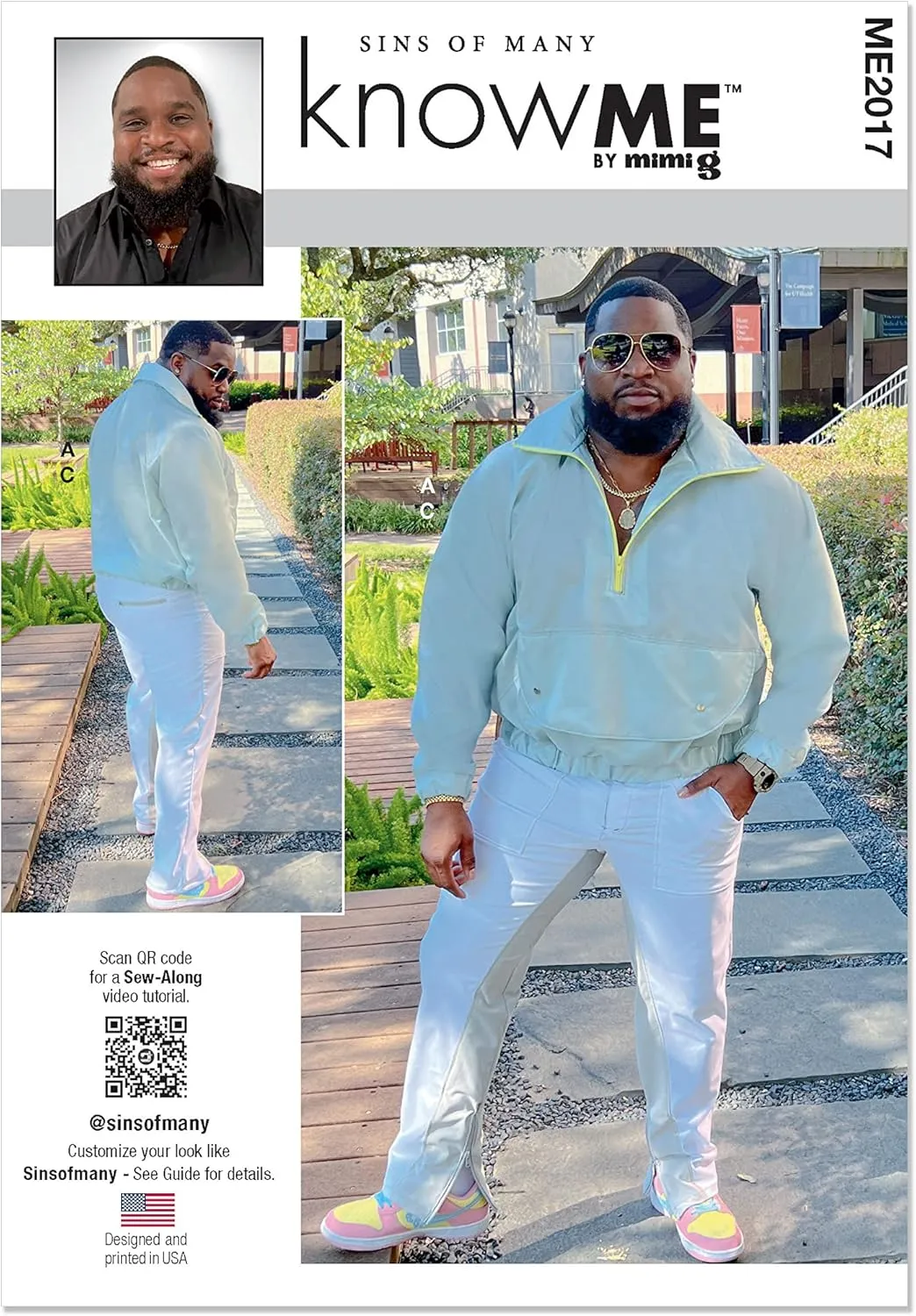 Know Me Men's Pullover Windbreaker Jacket and Color Block Pants Sewing Pattern Packet by Sins of Many, Design Code ME2017, Sizes 44-46-48-50-52