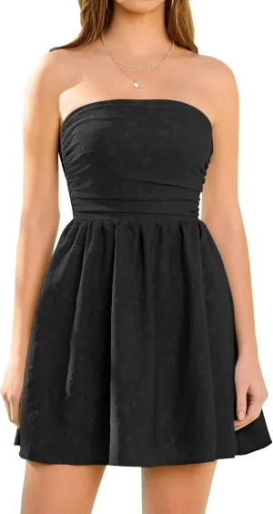 KUTUMAI Women Summer Strapless Mini Dress Tube Top Smocked Flowy Ruffle Short Graduation Dresses Beach Vacation Sundress