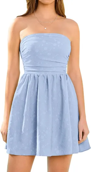 KUTUMAI Women Summer Strapless Mini Dress Tube Top Smocked Flowy Ruffle Short Graduation Dresses Beach Vacation Sundress