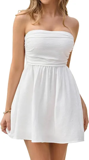 KUTUMAI Women Summer Strapless Mini Dress Tube Top Smocked Flowy Ruffle Short Graduation Dresses Beach Vacation Sundress