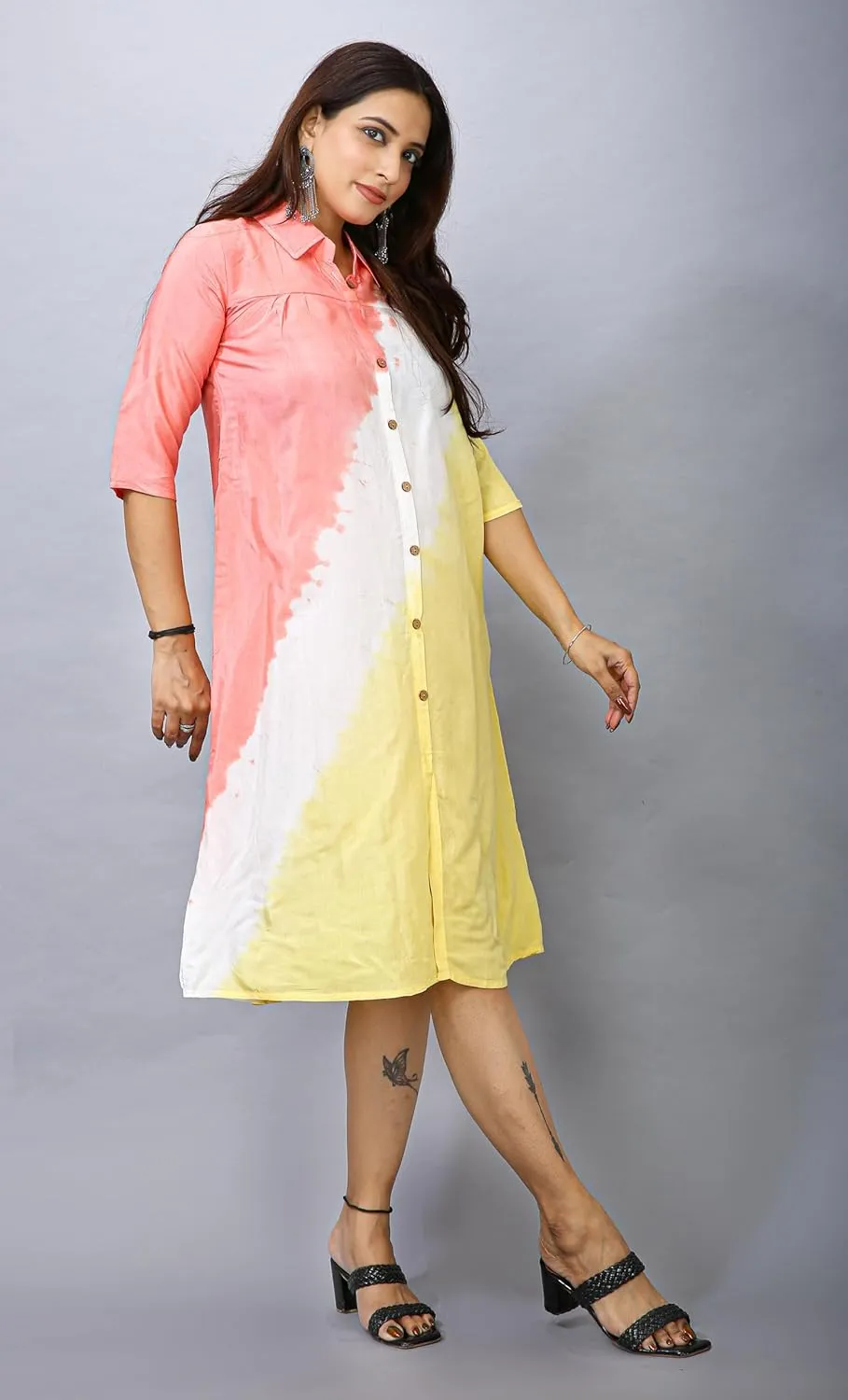 ladyline Women's Crepe Silk Tie Dye Shaded Tunic Top Shirt Collar Button Down Knee Length Dress