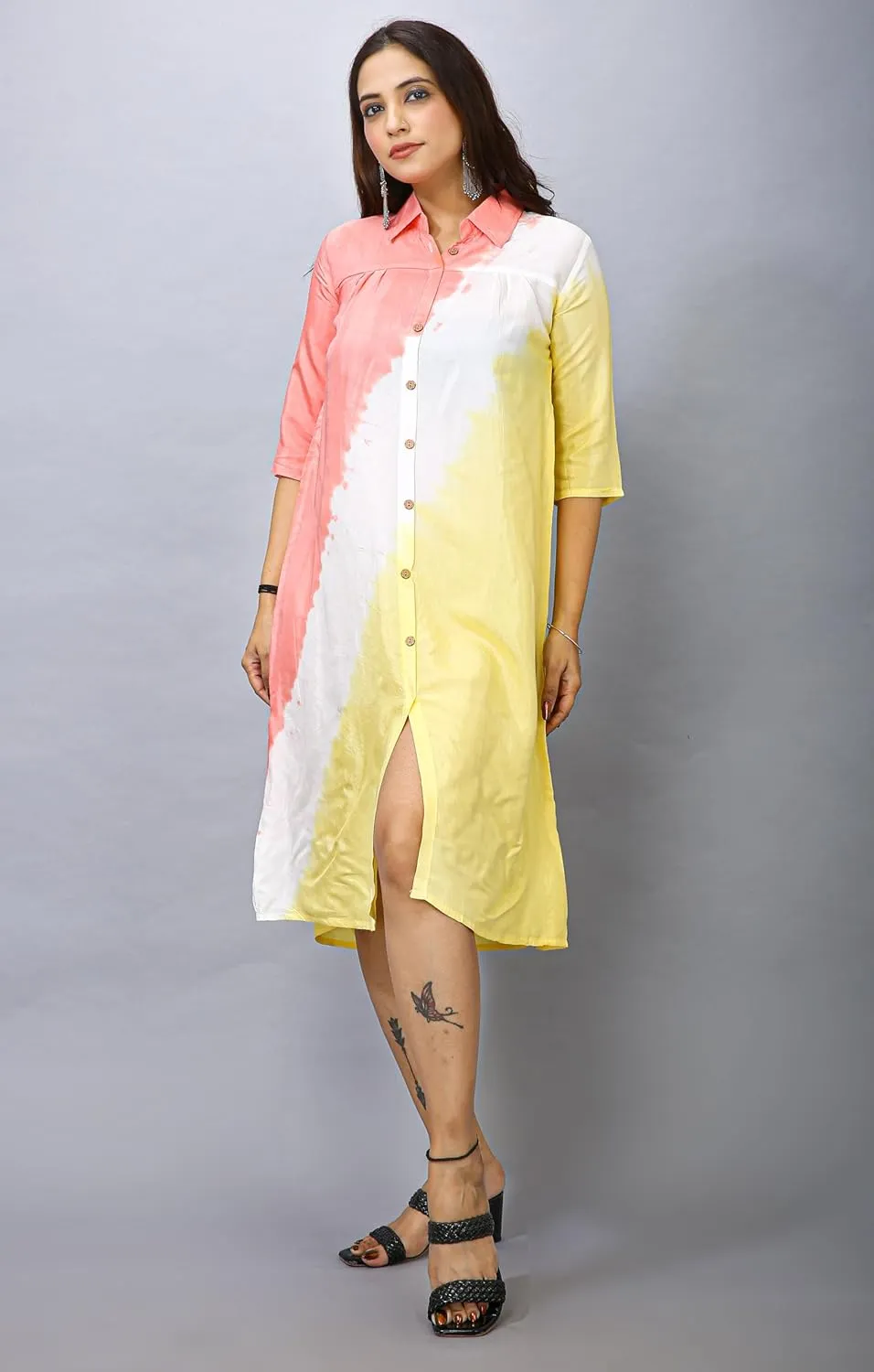 ladyline Women's Crepe Silk Tie Dye Shaded Tunic Top Shirt Collar Button Down Knee Length Dress