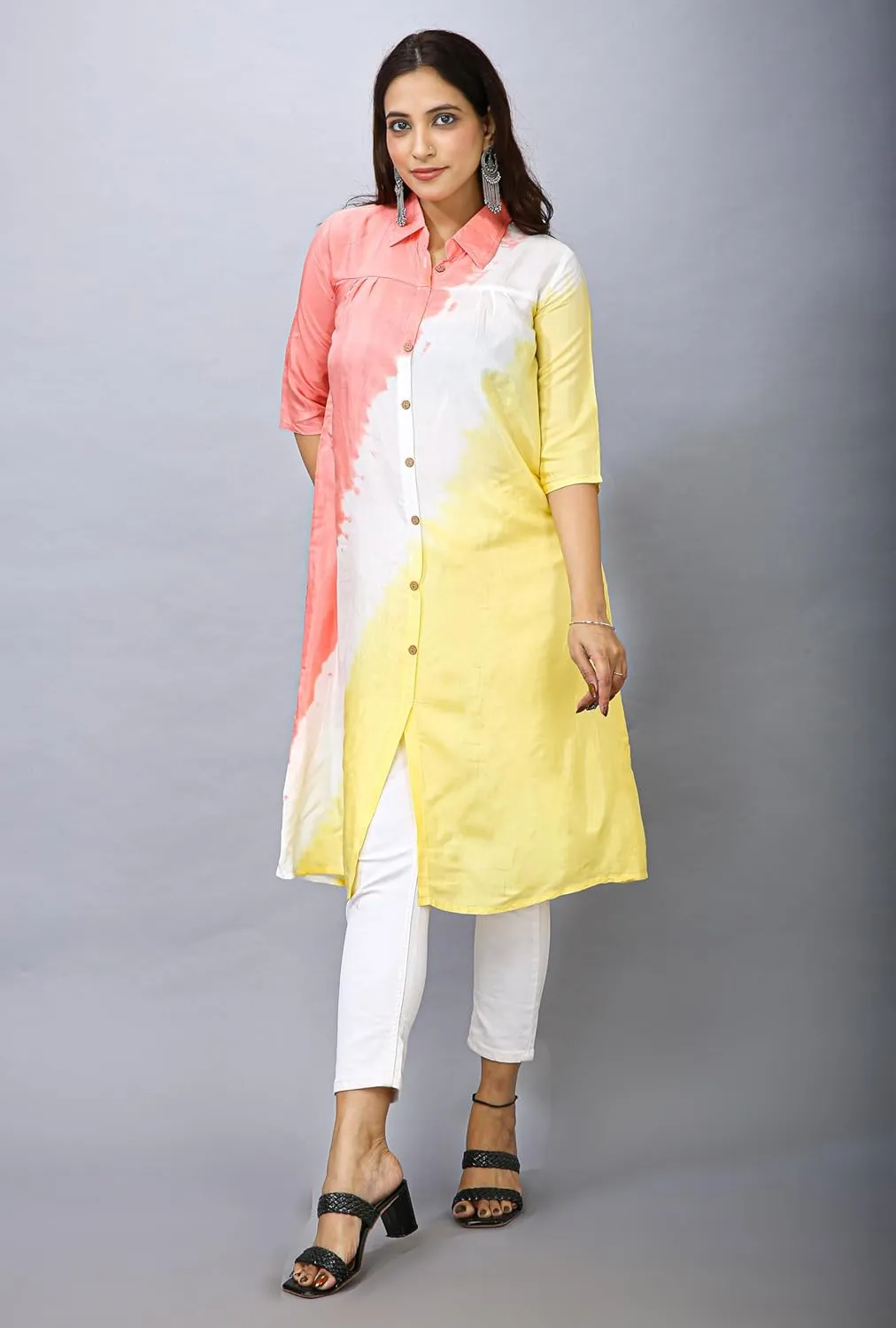 ladyline Women's Crepe Silk Tie Dye Shaded Tunic Top Shirt Collar Button Down Knee Length Dress